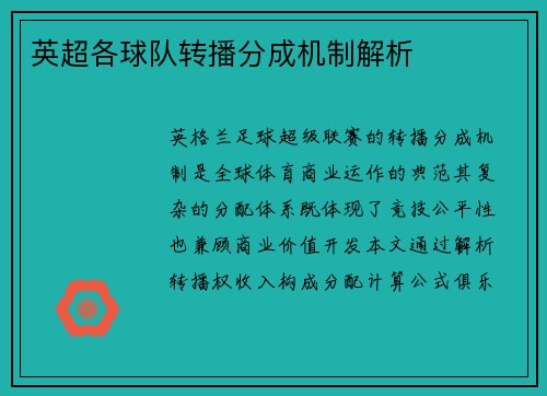 英超各球队转播分成机制解析