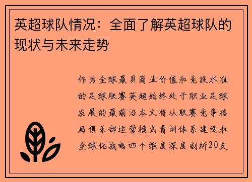 英超球队情况：全面了解英超球队的现状与未来走势