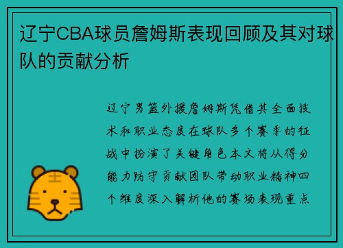 辽宁CBA球员詹姆斯表现回顾及其对球队的贡献分析